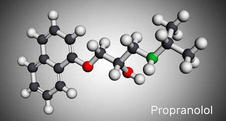 Propranolol molecule. It is synthetic, nonselective beta blocker, used to treat for hypertension. Molecular model. 3D rendering