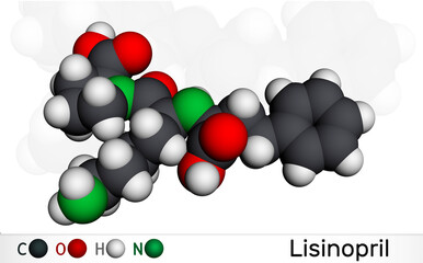 Lisinopril molecule. It is dipeptide, ACE inhibitor used to treat hypertension, heart failure, heart attacks. Molecular model. 3D rendering
