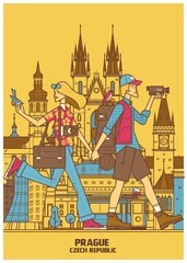 Romantic travel woman and man in love smiling happy walking outdoor during vacation holidays in Prague.Line vector illustration
