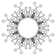 Abstract doodle curly thin line round frame isolated on white background. Mandala border.