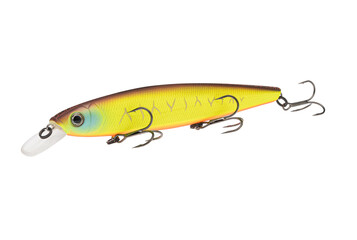 Wobbler with hooks for fishing as bait for fish, which is used for spinning. Fishing tackle for a fisherman.