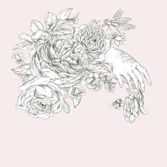Gentle vintage floral illustration. Bonanical flowers. Regency greeting card