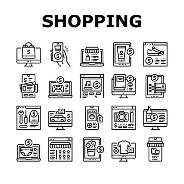 Shopping Online App Collection Icons Set Vector. Shoes And Clothing, Digital Technology And Mobile Phone, Food And Alcoholic Drink Department Shopping Black Contour Illustrations