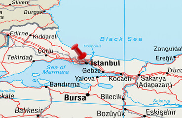 Map showing Istanbul, Turkey with a Red Pin. 3D Rendering