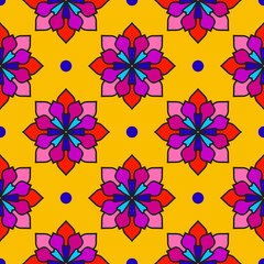 Abstract seamless pattern with mandala flower. Mosaic, tile, polka dot. Floral background.