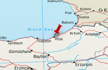 Map showing  Rize, Turkey with a Red Pin. 3D Rendering