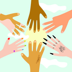 Vector graphics-six different hands arranged in a circle together-ethnic diversity, disability, skin color, sexual orientation close-up against a blue sky with clouds and sun