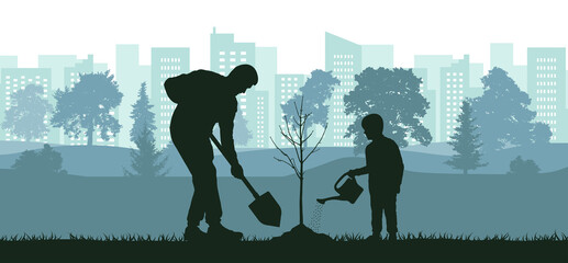 Landscaping of territory, man and child planting tree in city park, silhouette. Vector illustration