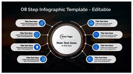 8 step Infographics Design Template - Graph, Pie chart, workflow layout, cycling diagram, brochure, report, presentation, web design. Editable Vector illustration