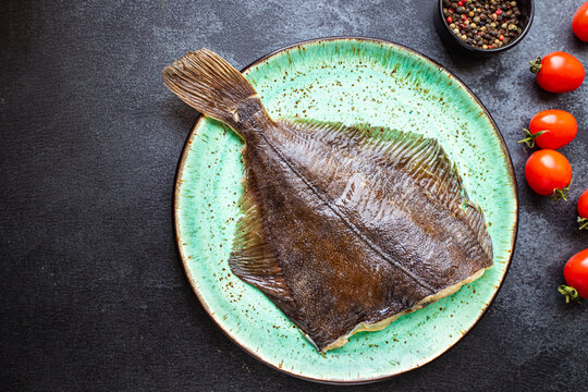 flounder fish raw seafood cooking  snack meal pescetarian diet vegetarian copy space rustic. top view food background  