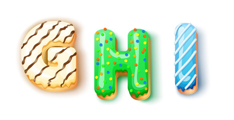 Donut icing upper latters - ghi Font of donuts. Bakery sweet alphabet. Donut alphabet latter ghi isolated on white background, vector illustration