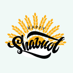 Happy Shavuot (Jewish holiday) handwritten text and wheat and sun illustration, hand lettering for greeting card, decoration, logo, tag. Modern brush ink calligraphy on light blue background. Vector  
