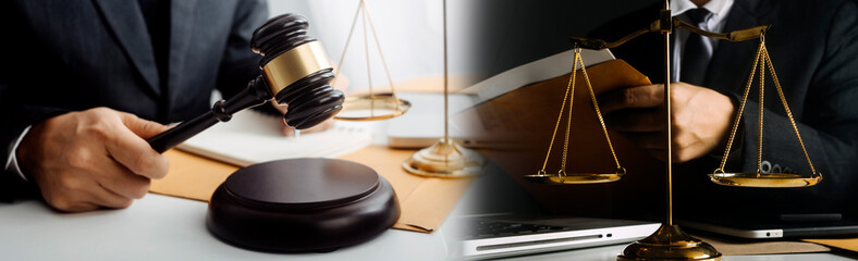 justice and law concept.Male judge in a courtroom on wooden table and Counselor or Male lawyer...