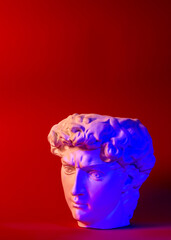 Gypsum statue of David's head. Michelangelo's David statue plaster copy isolated on red background....