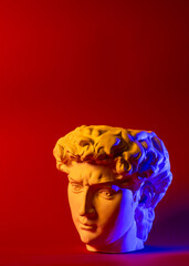Gypsum statue of David's head. Michelangelo's David statue plaster copy isolated on red background....