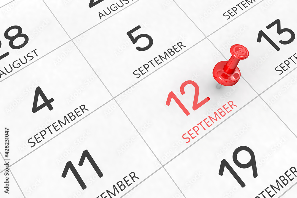 Poster 3d rendering of important days concept. september 12th. day 12 of month. red date written and pinned