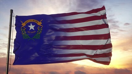 Nevada and USA flag on flagpole. USA and Nevada Mixed Flag waving in wind