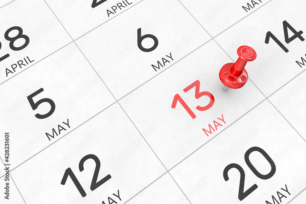 Poster 3d rendering of important days concept. may 13th. day 13 of month. red date written and pinned on a 