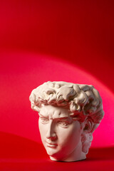 Gypsum statue of David's head. Michelangelo's David statue plaster copy isolated on red background....