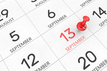 3d rendering of important days concept. September 14th. Day 14 of month. Red date written and pinned on a calendar. Autumn month, day of the year. Remind you an important event or possibility.