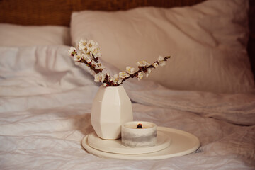 Blooming apricot tree branches and burning candle on round tray in bedroom interior, white spring home decoration