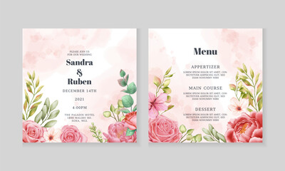 Beautiful floral wedding invitation and menu card template