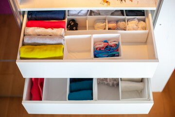 Fototapeta na wymiar Storage in wardrobe in kids room. Interior. Home organizing. 