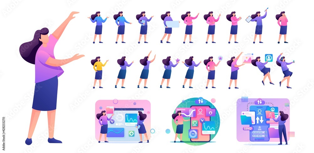 Poster set of young woman. presentation in various in various poses and actions. 2d flat character vector i