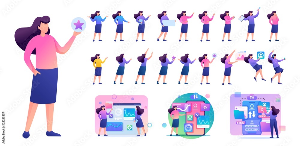 Poster set of young woman. presentation in various in various poses and actions. 2d flat character vector i