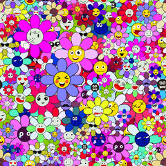 Emoji flivers seamless pattern on transparent background. Funny cartoon colorful characters flowers. Modern exotic designs for paper, cover, fabric, interior decor and other users.