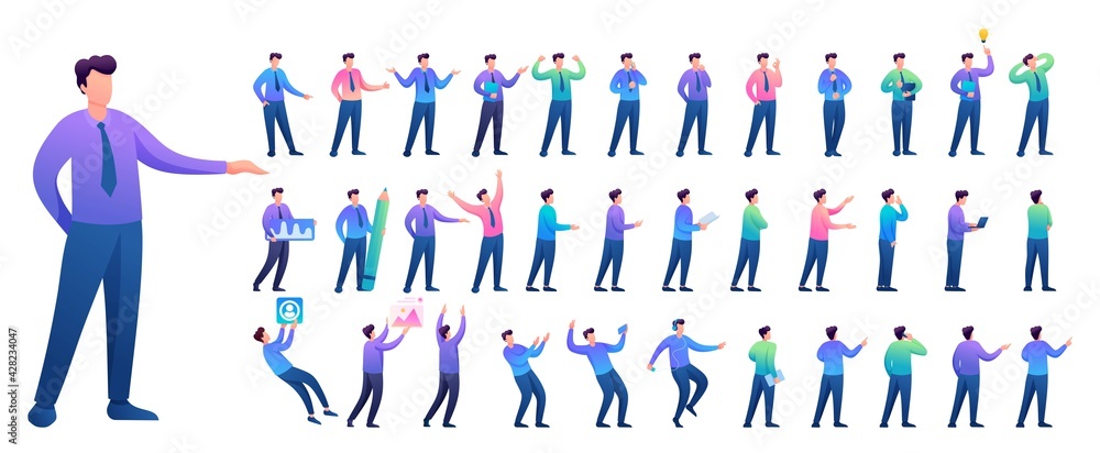 Poster set of young man. presentation in various in various poses and actions. 2d flat character vector ill