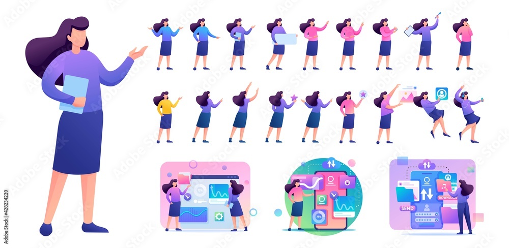 Aufkleber set of young woman. presentation in various in various poses and actions. 2d flat character vector i