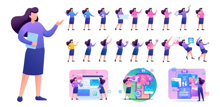 Set of Young Woman. Presentation in various in various poses and actions. 2D Flat character vector illustration N6