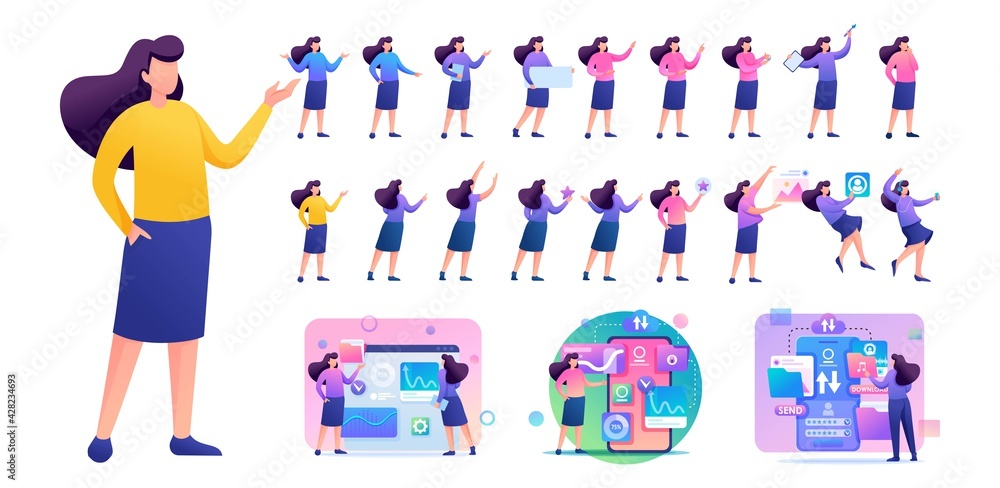 Poster set of young woman. presentation in various in various poses and actions. 2d flat character vector i