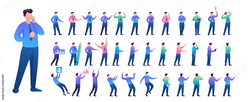 Poster set of young man. presentation in various in various poses and actions. 2d flat character vector ill
