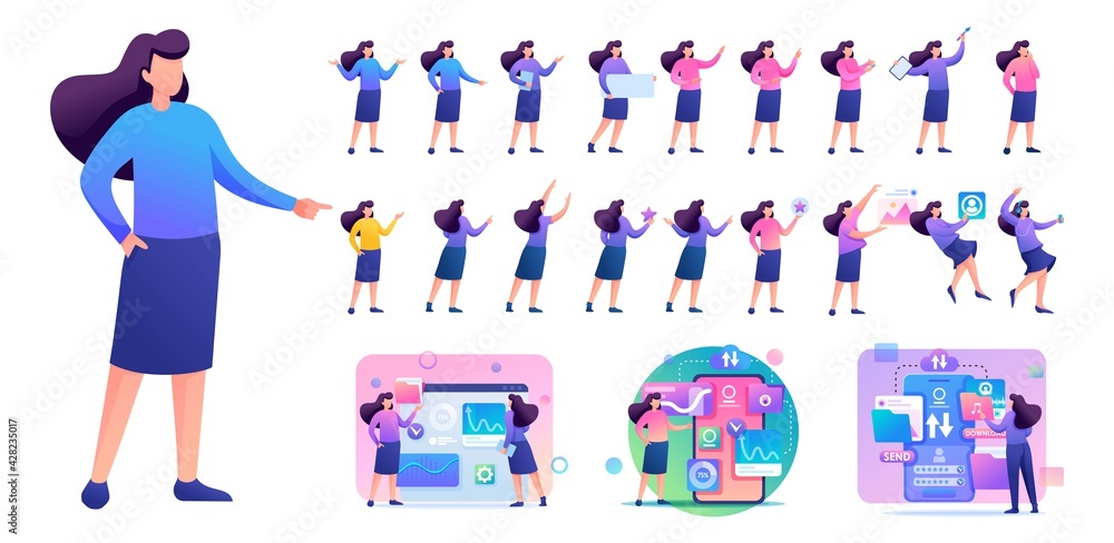 Poster set of young woman. presentation in various in various poses and actions. 2d flat character vector i