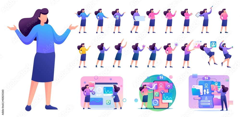 Poster set of young woman. presentation in various in various poses and actions. 2d flat character vector i