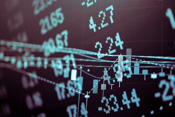 Stock market data on digital LED display. Fundamental and technical analysis with candle stick graph chart of stock market trading to represent about Bullish and Bearish point.
