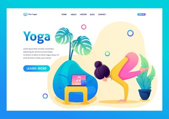 Girl enjoys yoga classes with music. In a pleasant, inviting atmosphere. Flat 2D landing page