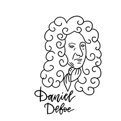 Daniel Defoe linear sketch portrait isolated on white background for prints, greeting cards. English famous great writer. Vector hand drawn illustration with lettering text. Face of vintage man.