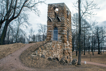 Tower ruin. Oryol Park. Strelna. St. Petersburg. Russia