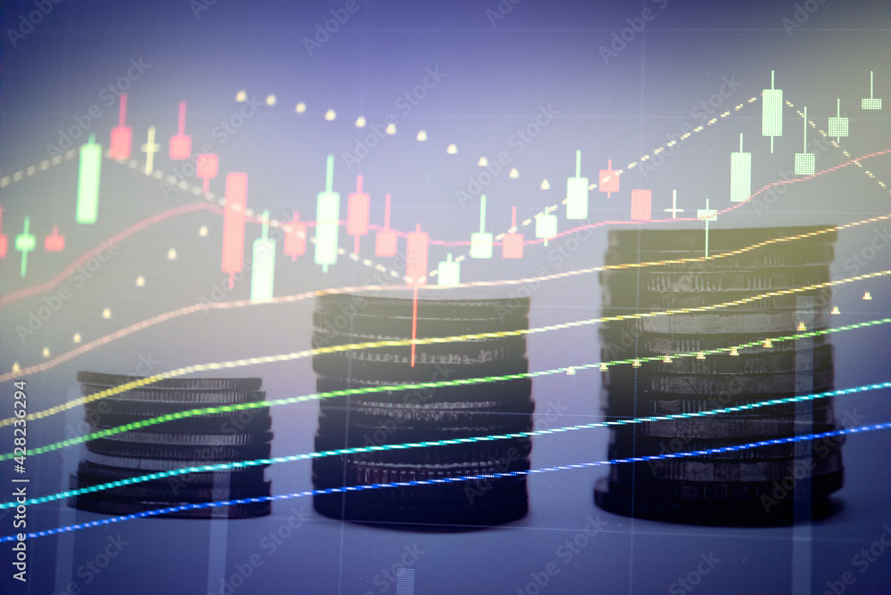 Poster stock market data on digital led display. fundamental and technical analysis with candle stick graph