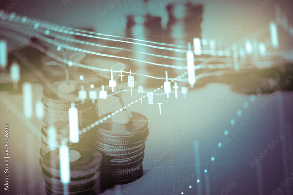 Poster stock market data on digital led display. fundamental and technical analysis with candle stick graph