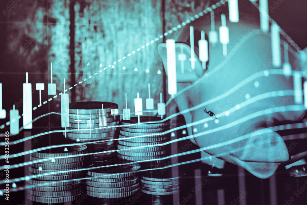 Poster stock market data on digital led display. fundamental and technical analysis with candle stick graph