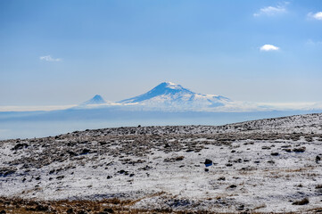 Scenic winter view of mount Ararat from slopes of Aragats mountain in Armenia - 428236866