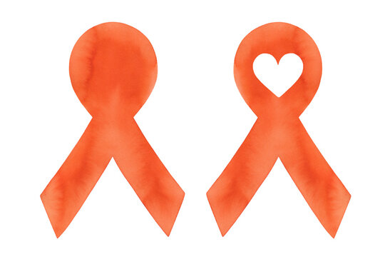 Watercolor set of bright orange ribbons with artistic brush strokes: blank template and with little love heart. Handdrawn water color graphic illustration, cut out art elements for design decoration.