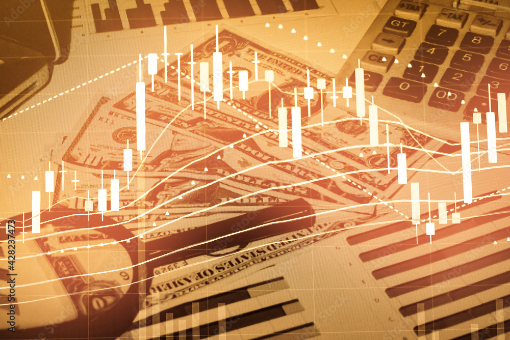 Poster stock market data on digital led display. fundamental and technical analysis with candle stick graph