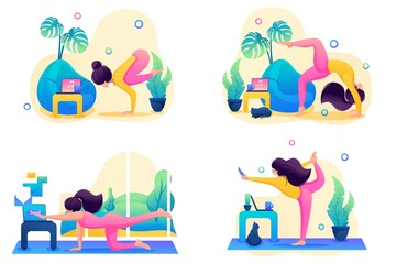 Set of landing pages on the topic of yoga classes at home. Flat 2D Web design