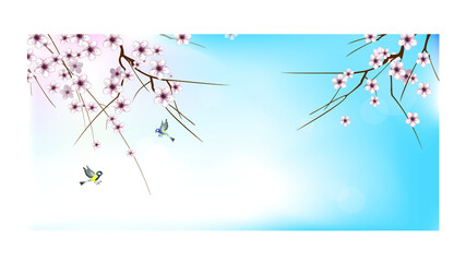 Blooming branches of a fruit tree (sakura, cherry, apricot) and cheerful flying tit birds against the background of the spring blue sky. Vector drawing for design of cards, banners, other. 