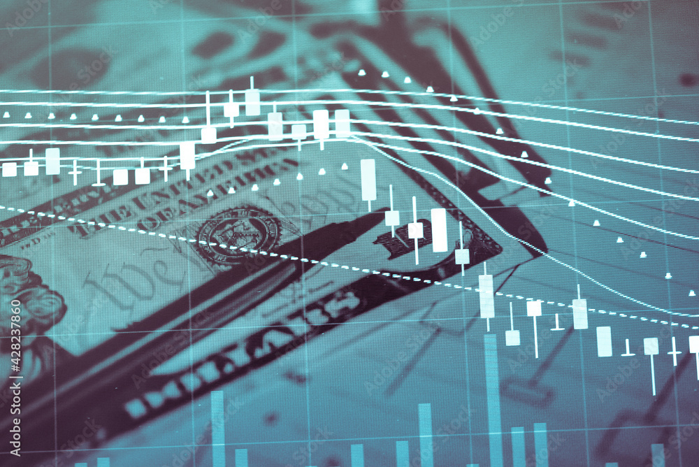 Poster stock market data on digital led display. fundamental and technical analysis with candle stick graph